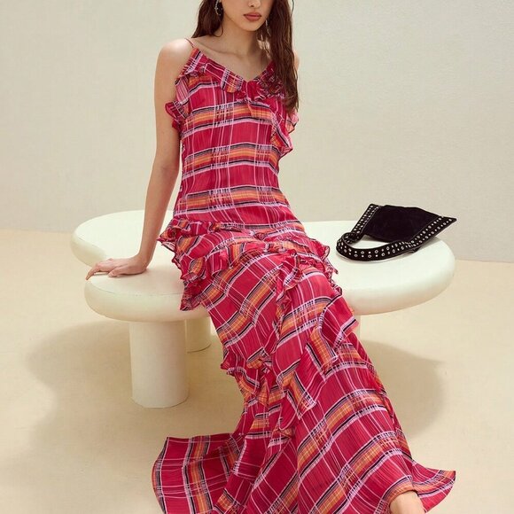 Dresses & Skirts - Red Boho Women's Plaid Ruffle Trim Cami Dress